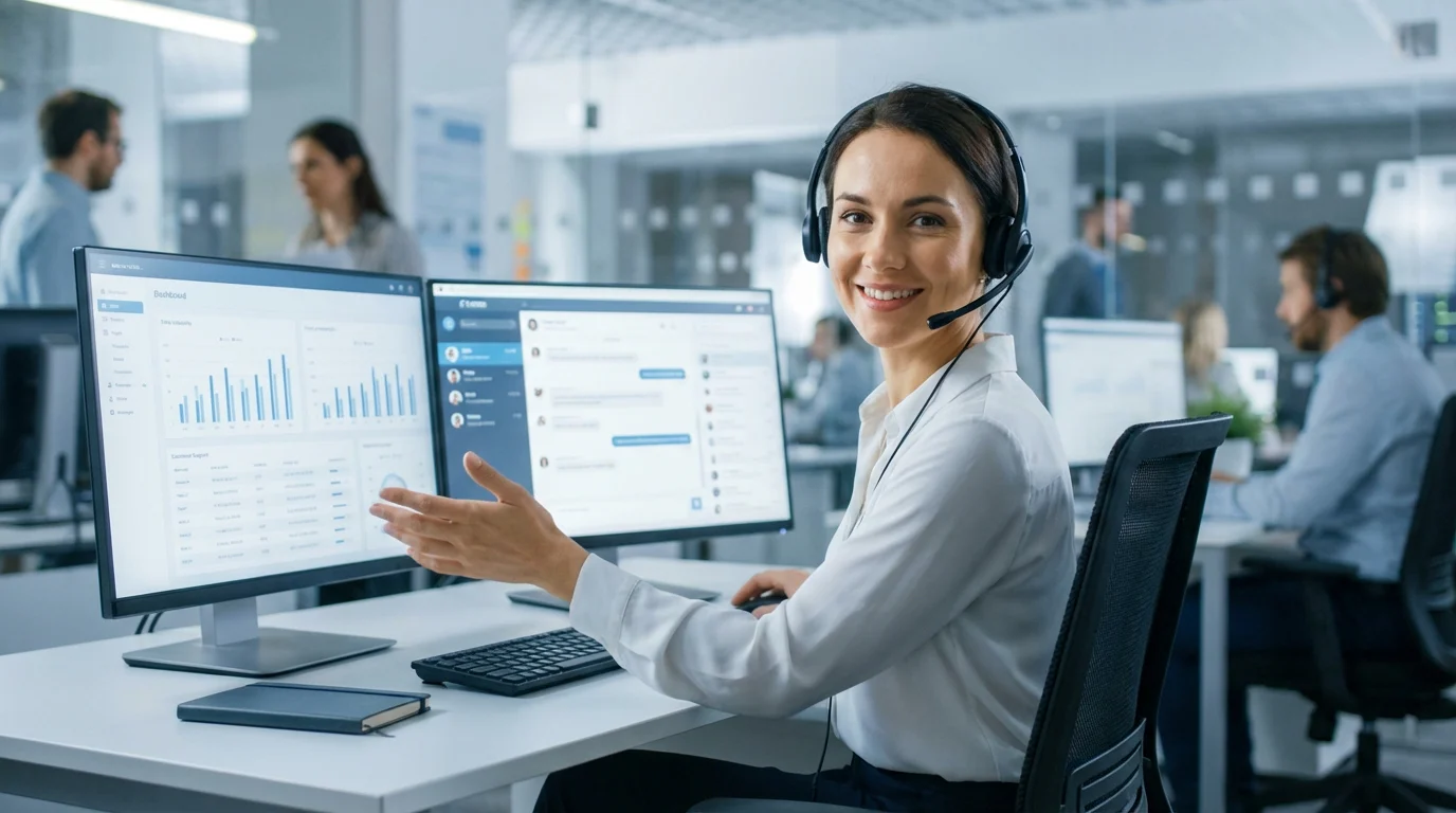 Customer support agent with headset at a computer desk