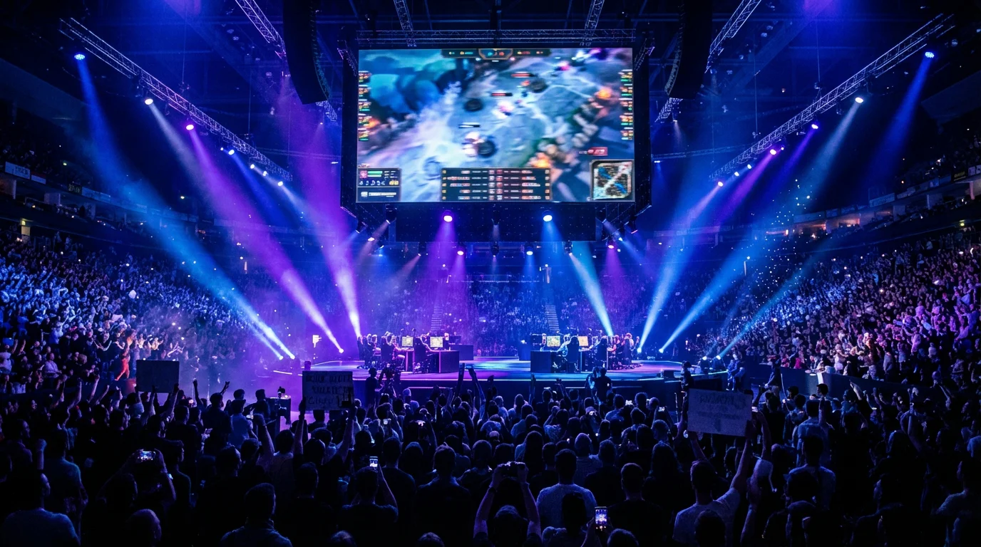 Esports tournament arena with players competing on stage