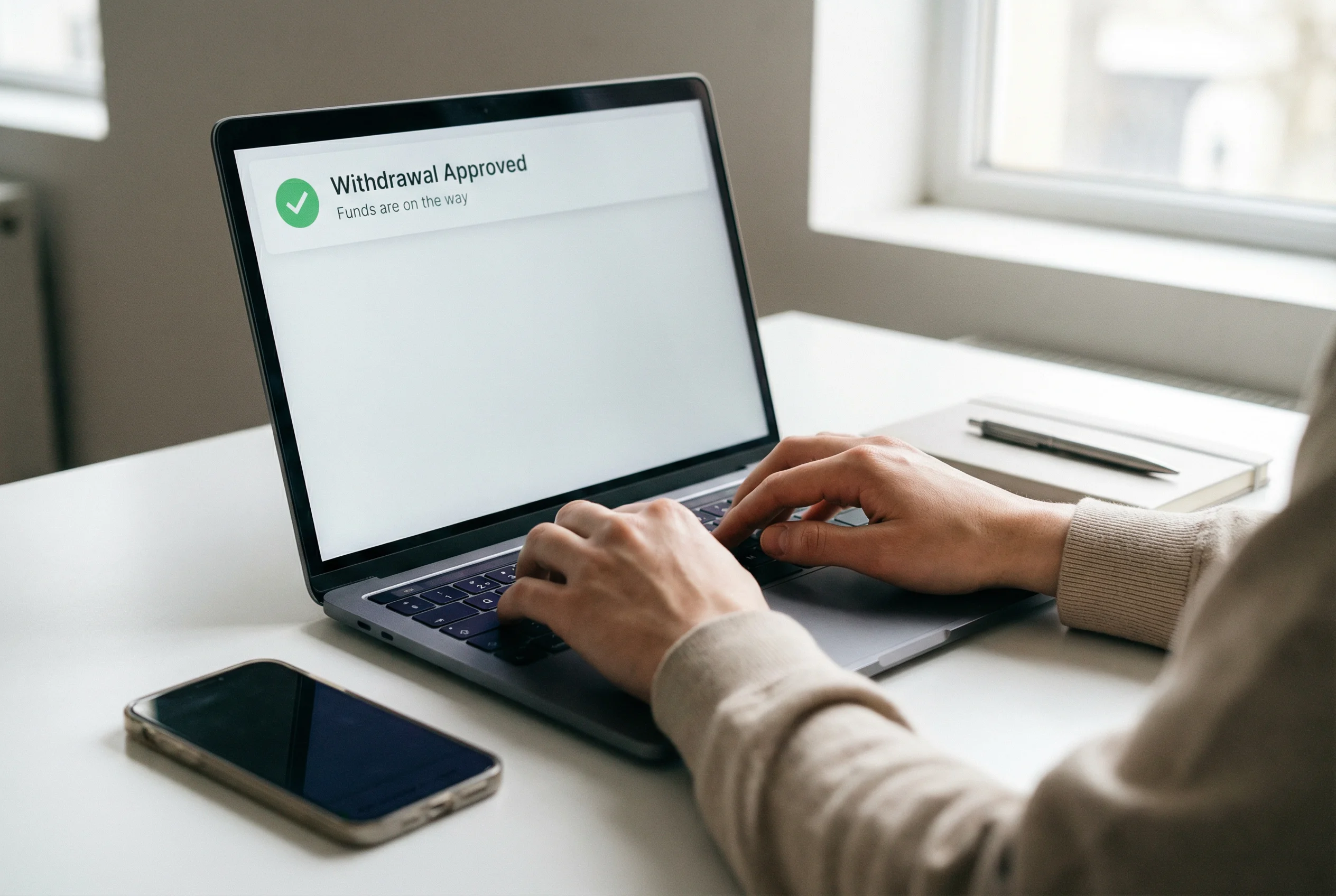 Person receiving instant payout notification on a laptop