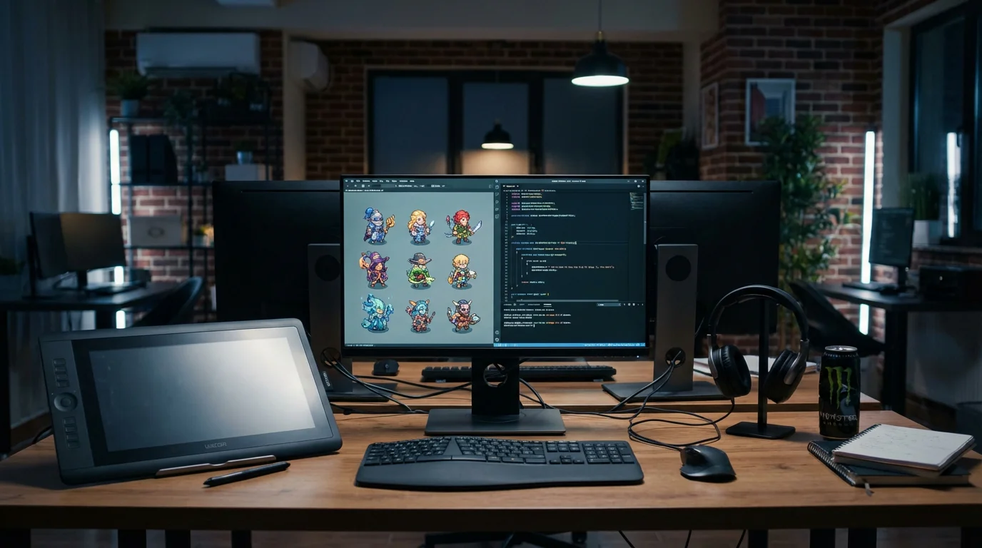 Developer workstation with casino game code on multiple monitors