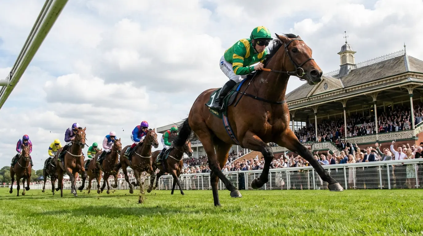 Horses racing at a British racecourse with grandstand in background