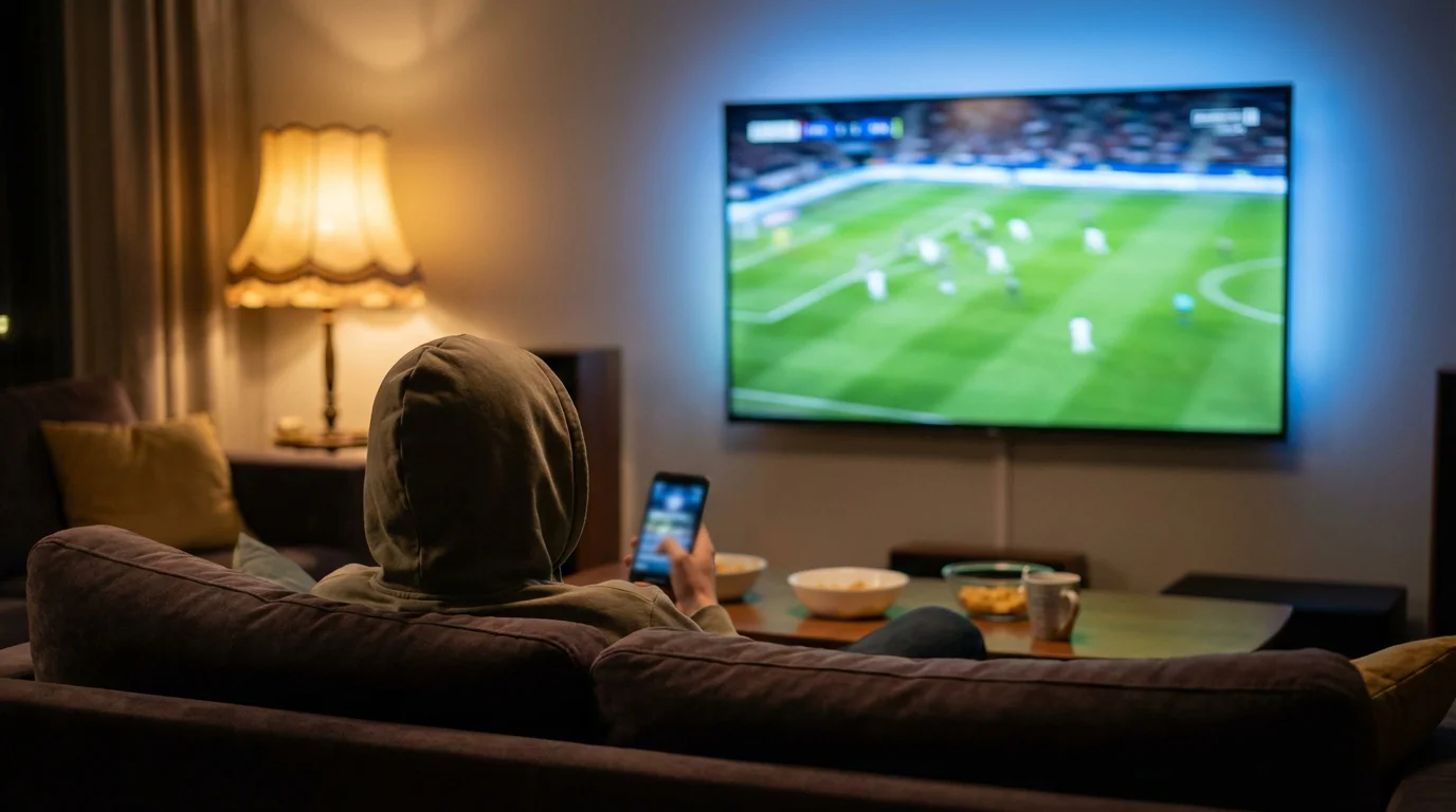 Person watching live football match while placing in-play bet on phone