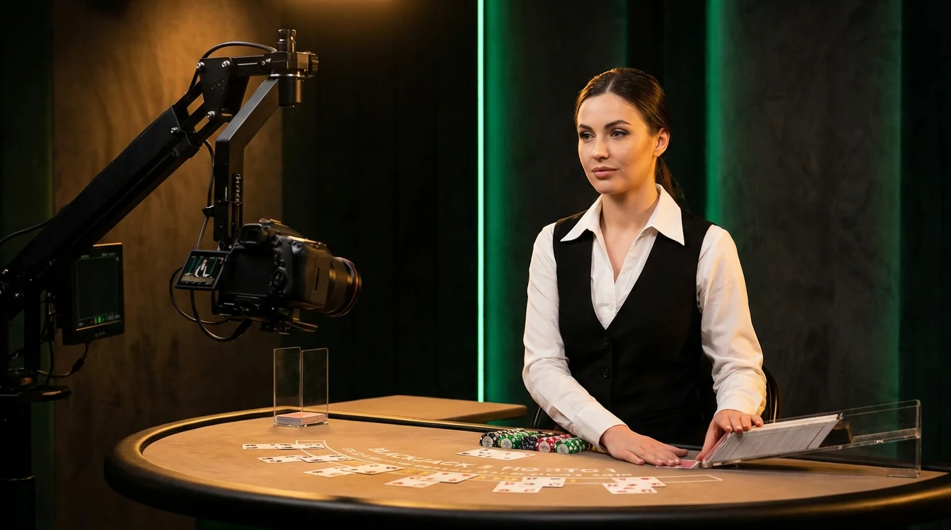 Professional live casino dealer at a blackjack table with HD camera
