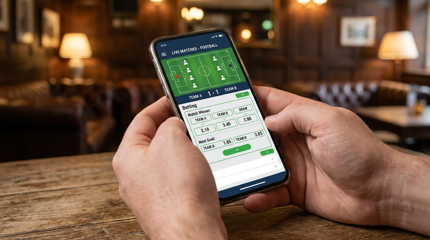 Hands holding a smartphone displaying a sports betting interface with football match odds on screen