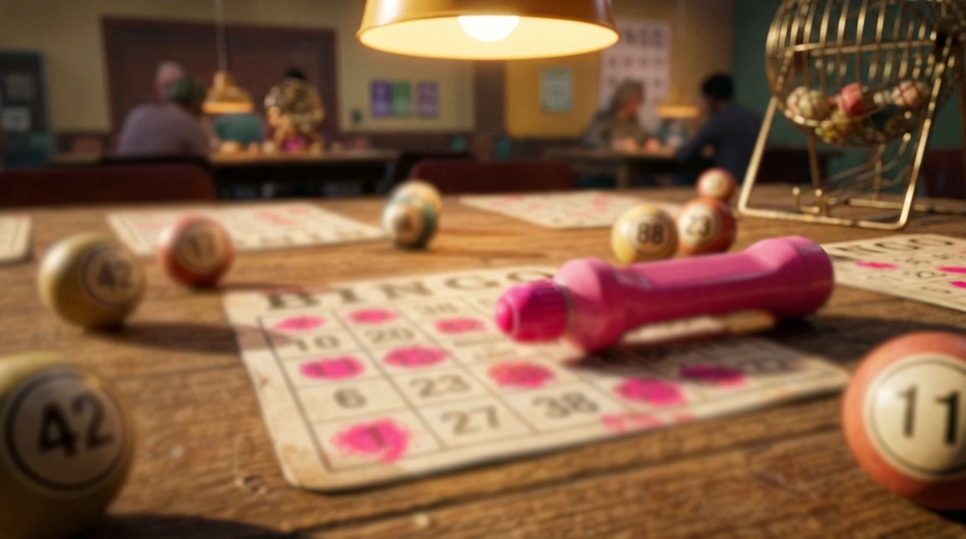 Bingo card with dabber and numbered balls on a table