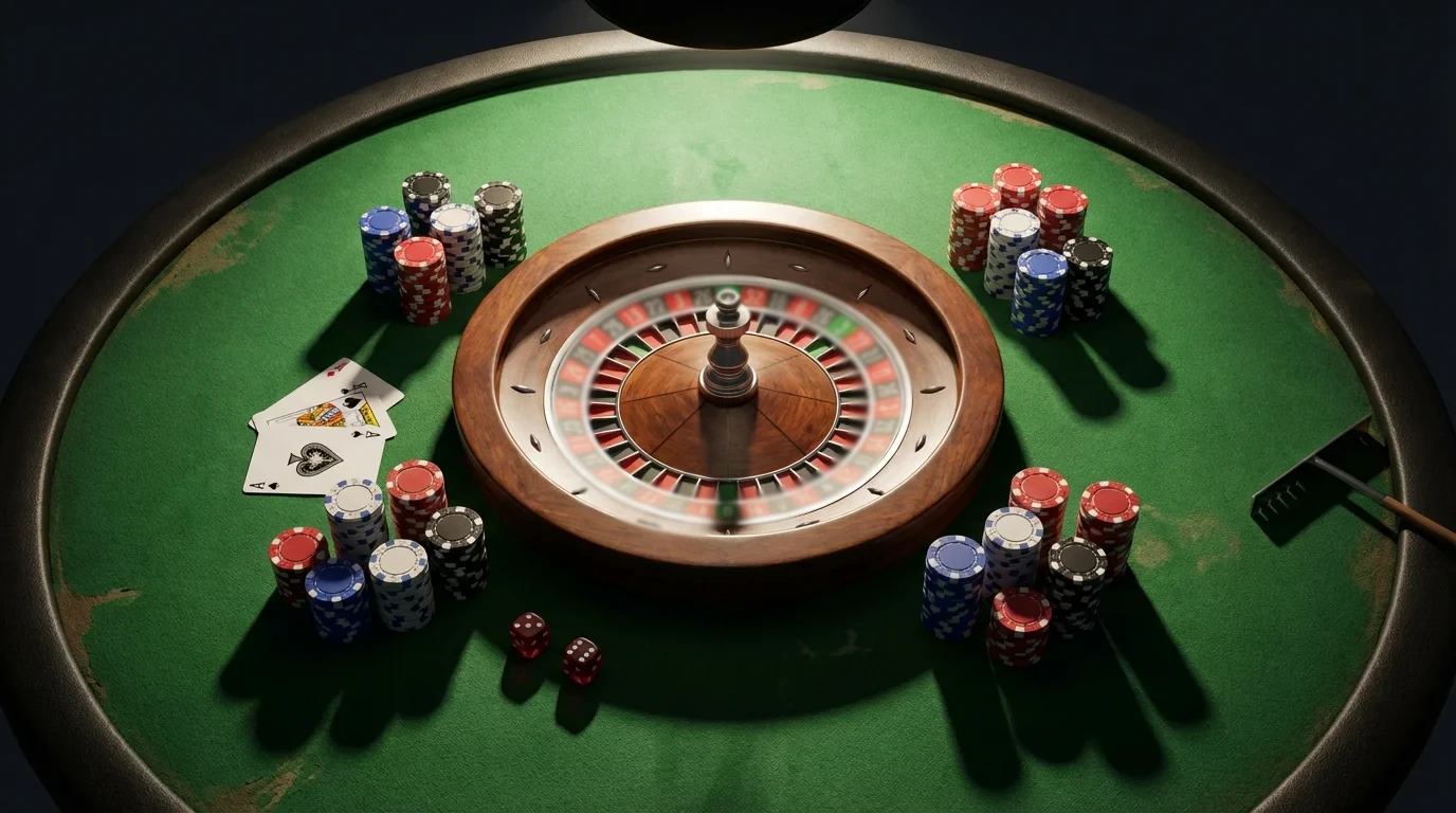 Roulette table with cards and chips at a UK online casino