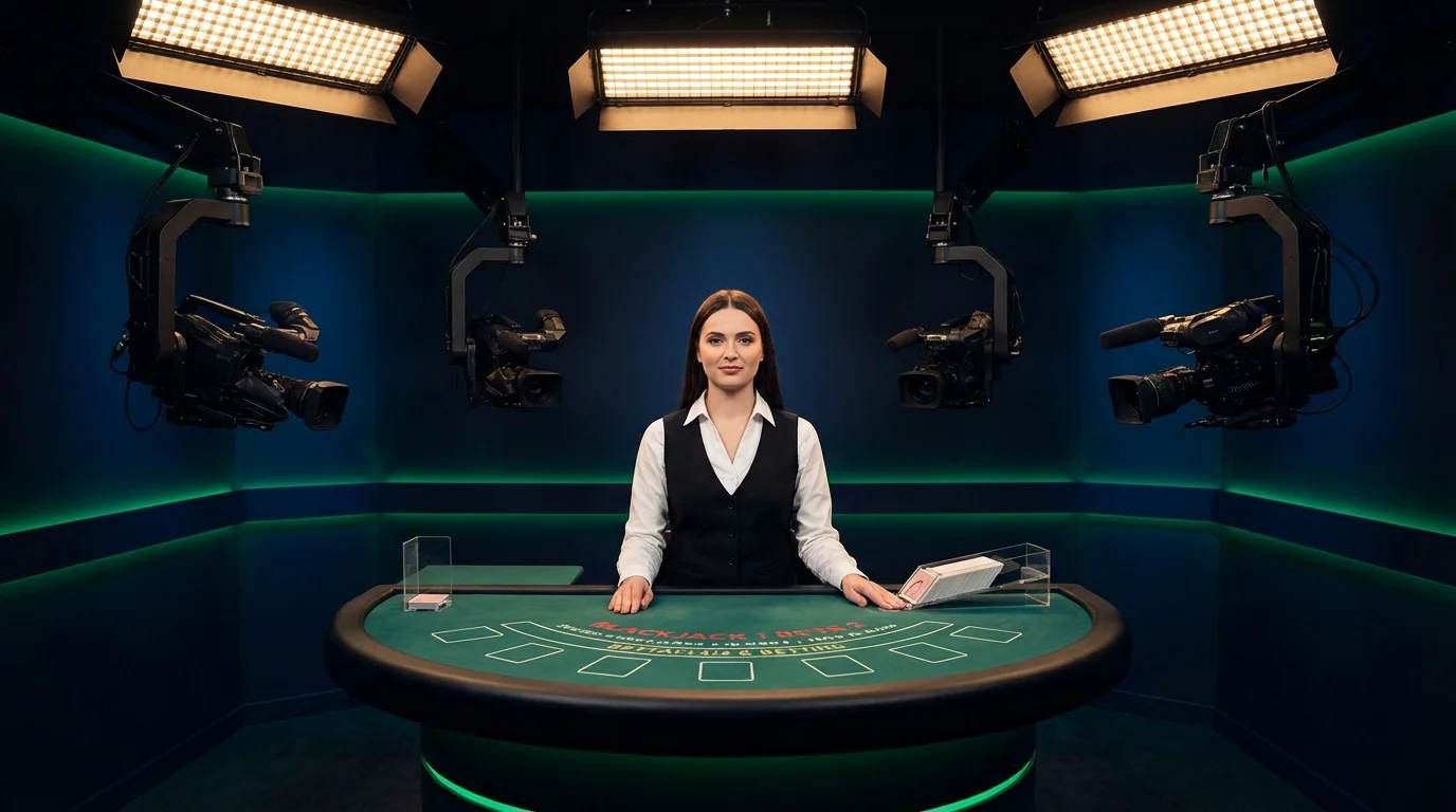Professional live dealer standing behind a blackjack table in a studio with multiple camera angles and screens
