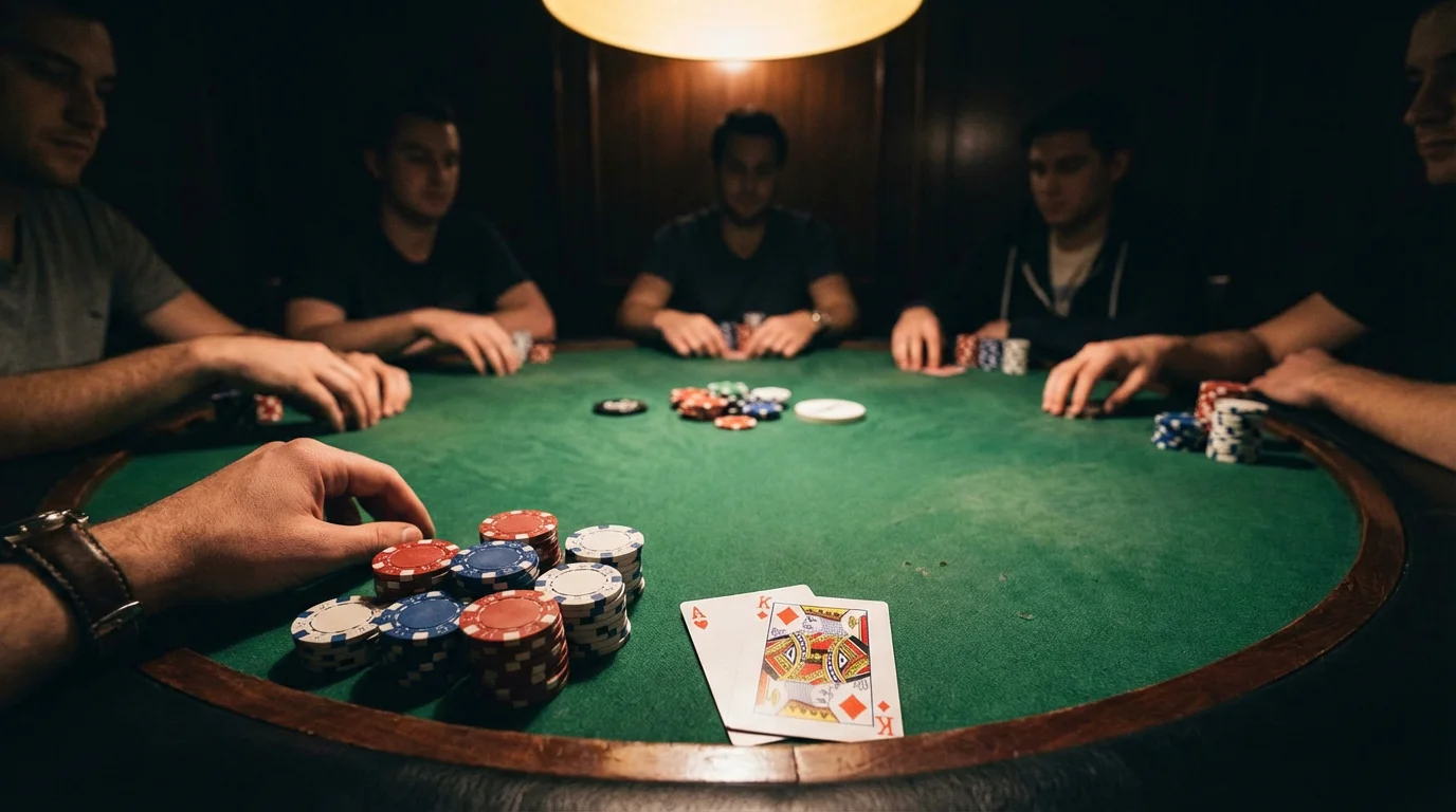 Poker table with cards and chips viewed from player perspective