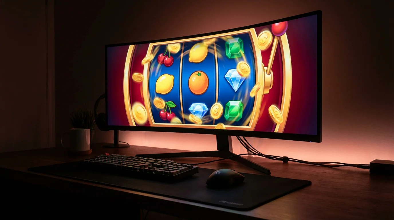 Colourful online slot machine reels spinning on a screen