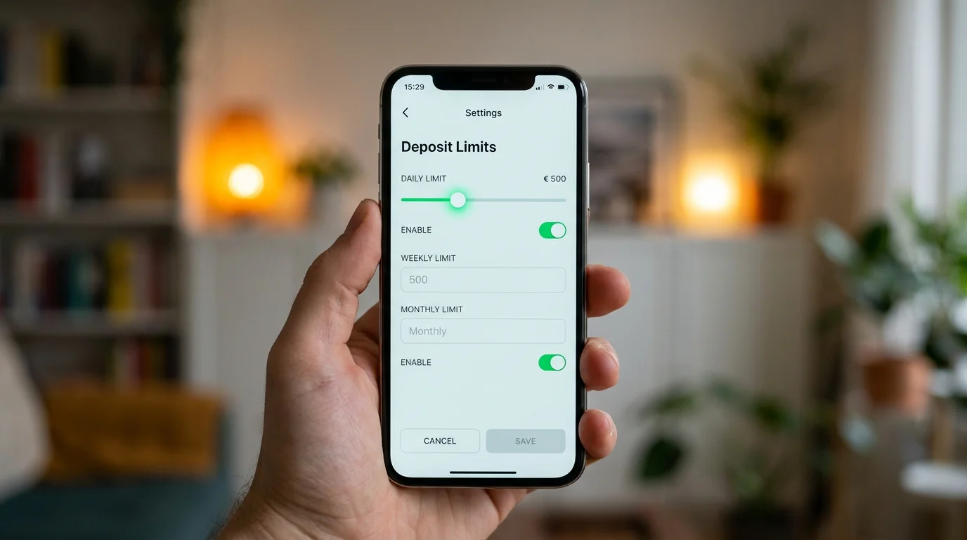 Smartphone screen showing a deposit limit settings page on a UK gambling app with slider controls