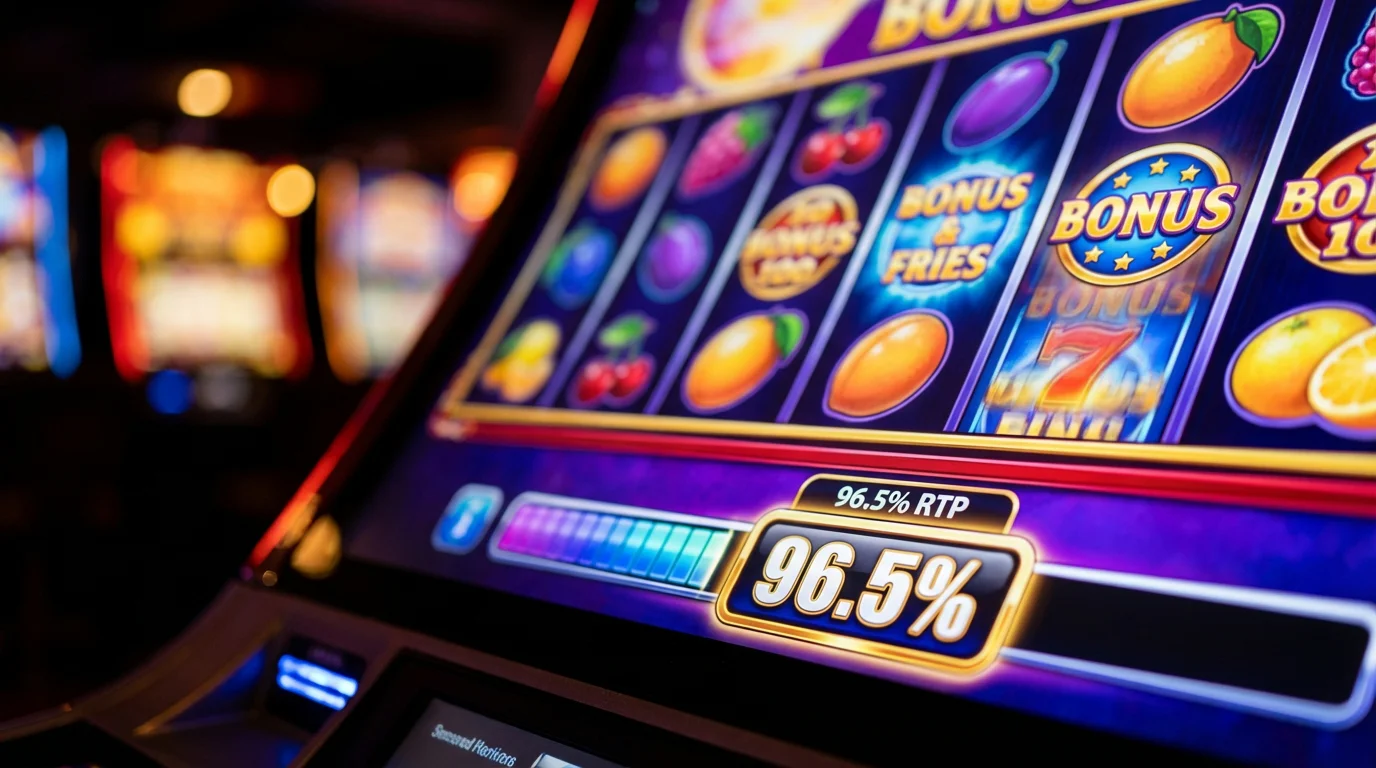 Close-up of a slot machine screen showing RTP percentage information