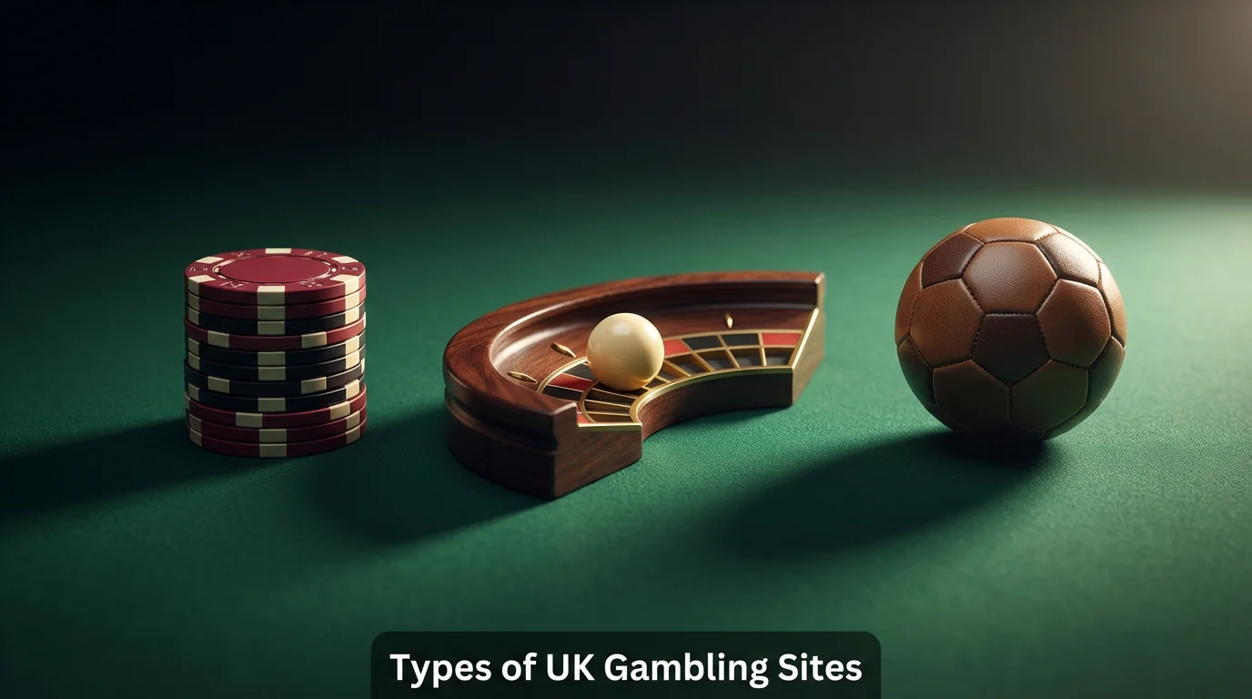 Types of UK gambling sites — casino roulette table, sportsbook screen and poker cards