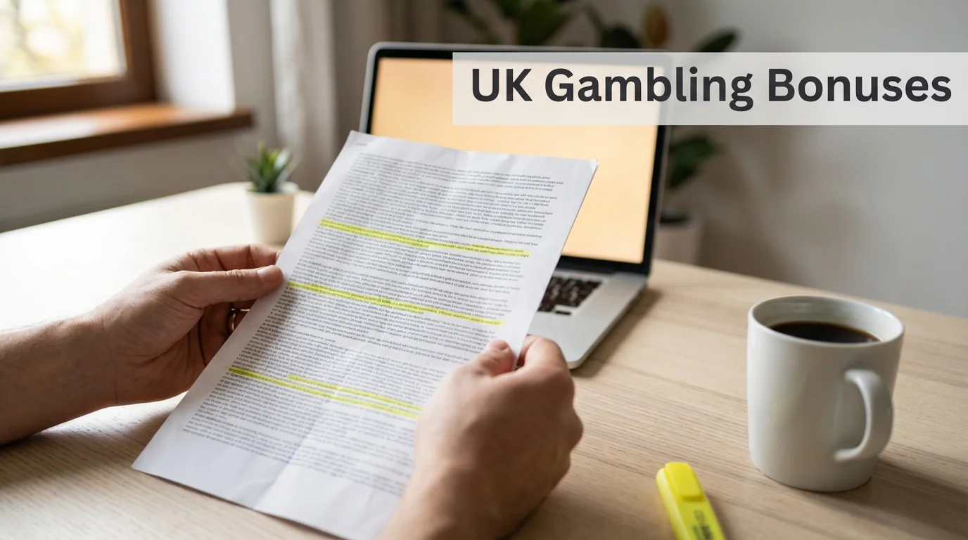 UK gambling bonuses — person reading bonus terms and conditions on a laptop