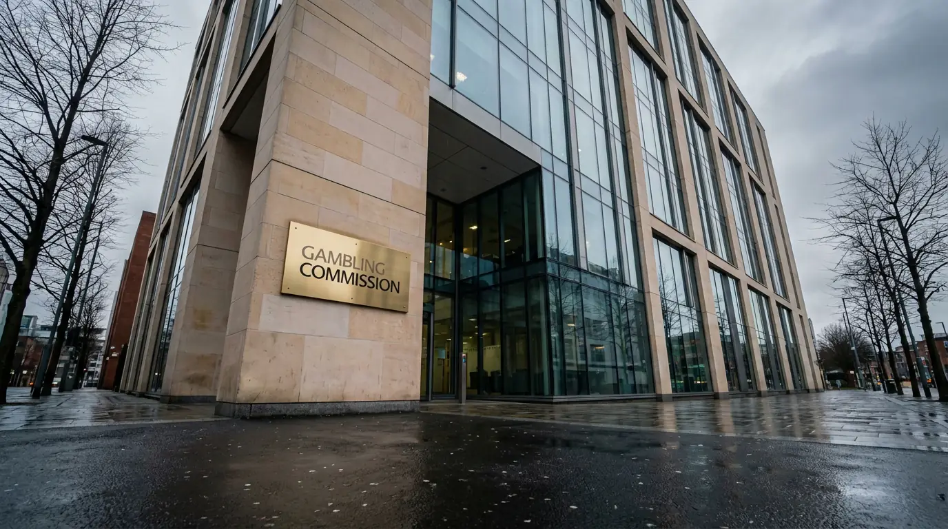 UKGC headquarters building exterior with the Gambling Commission sign visible on a cloudy British day