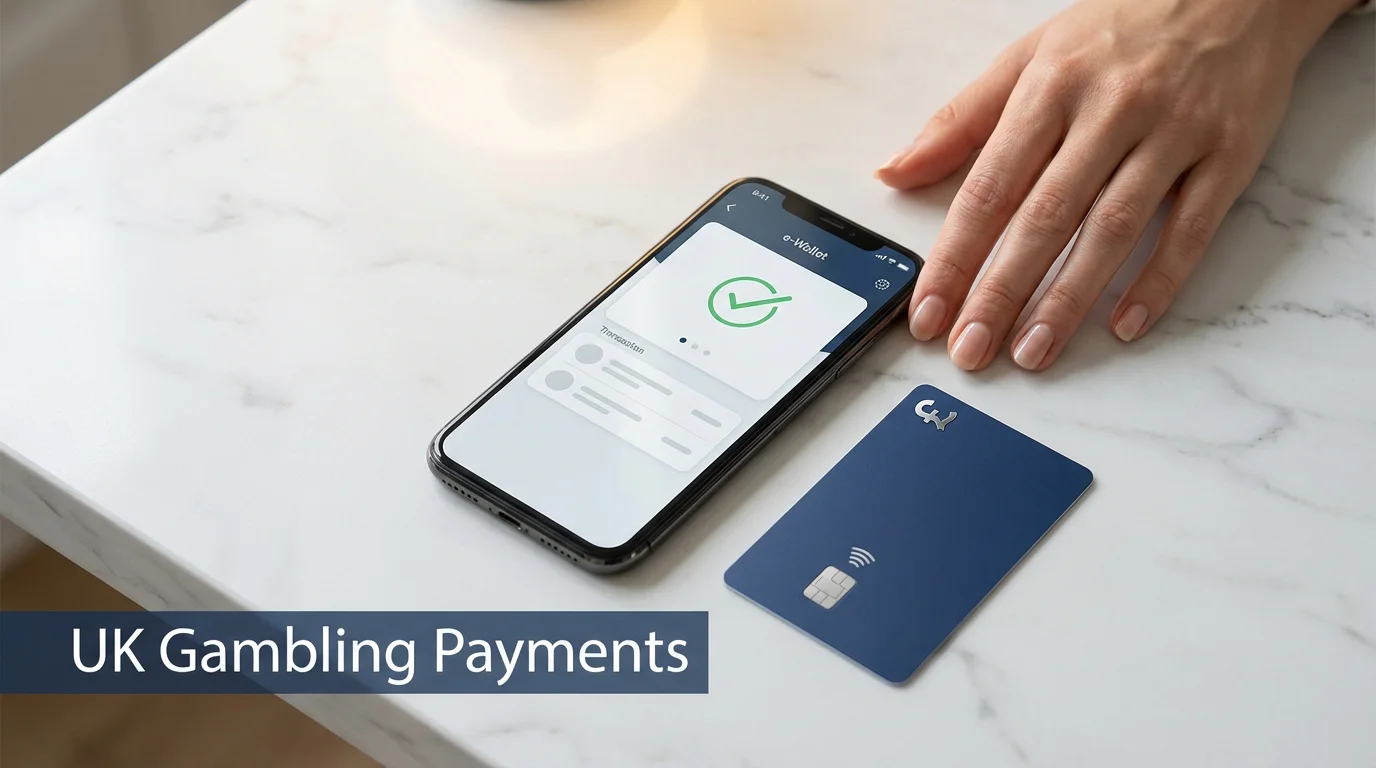 Payment methods for UK gambling — debit card and smartphone with e-wallet on a table