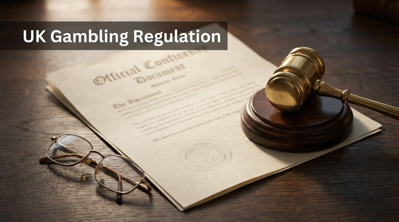 UK gambling regulation — UKGC licensing document on a desk with a gavel