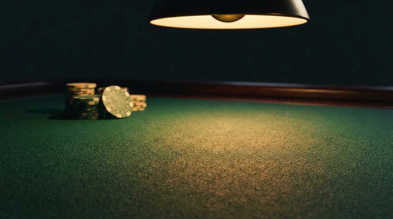Close-up of a green baize table surface under warm overhead lighting in a British casino setting