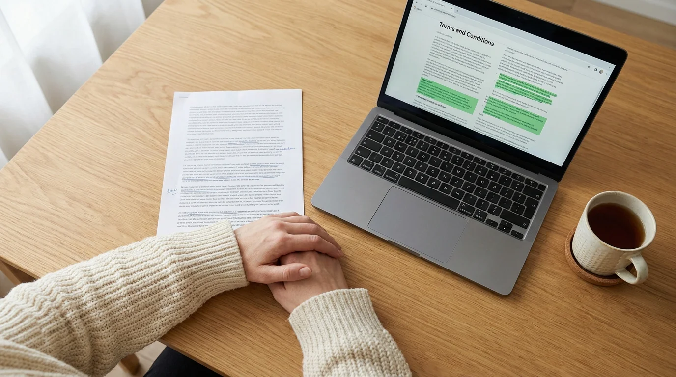 Person reading the terms and conditions page on a laptop screen showing bonus offer details on a UK gambling site