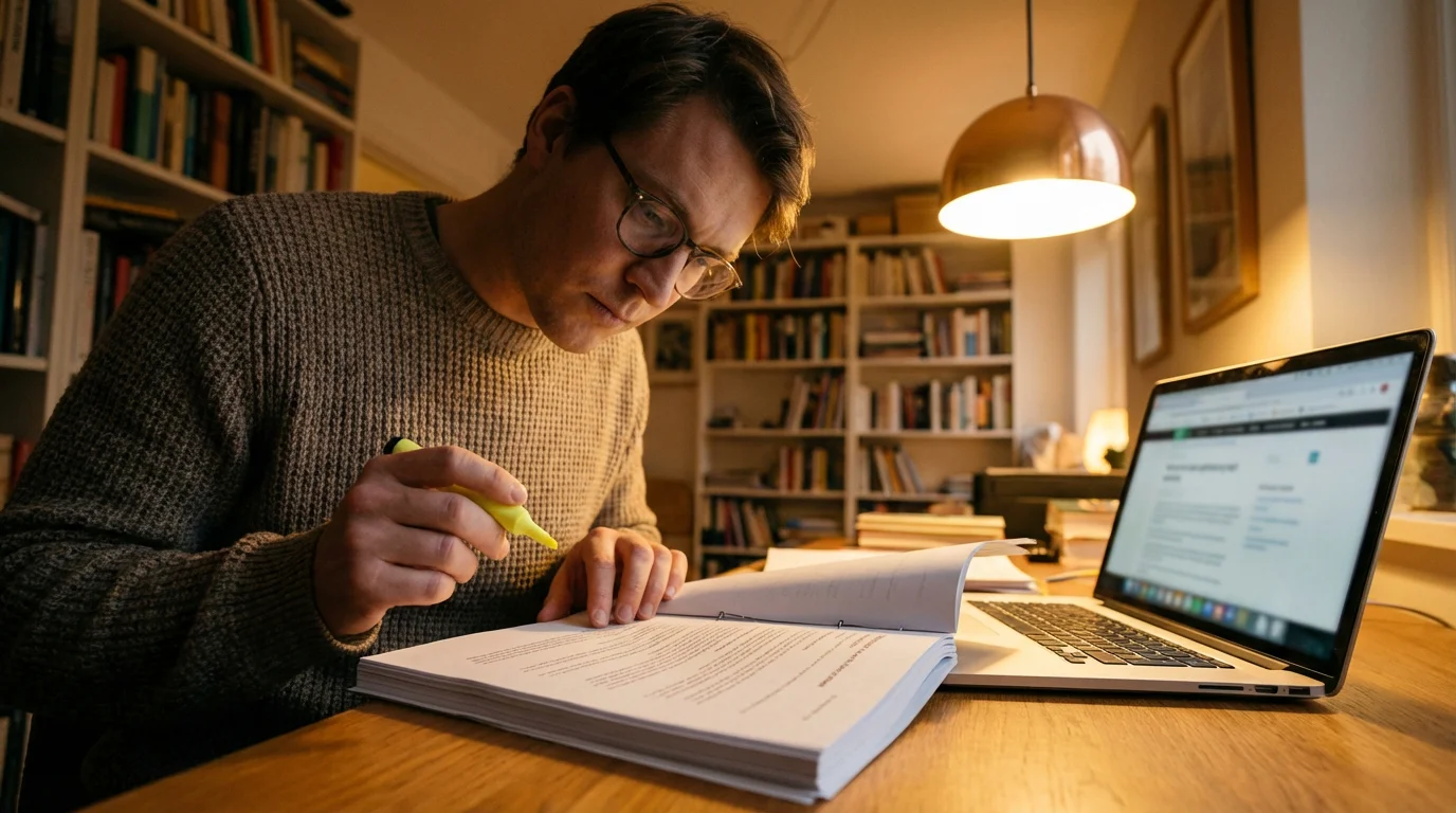 Person reading bonus terms and conditions document at a desk